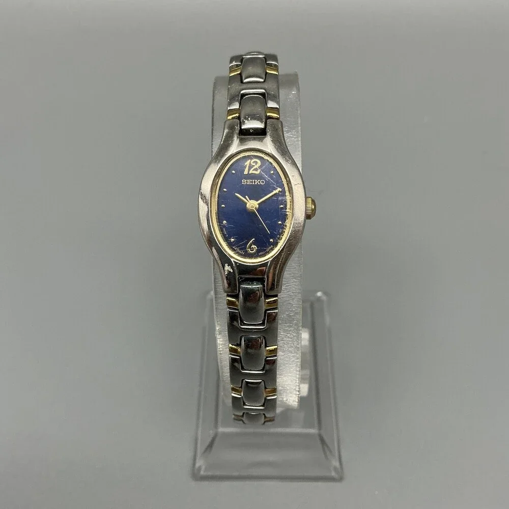 Seiko Womens Watch 17mm Blue Oval Dial Two Tone 1N01-0CT0 New Battery 7.5